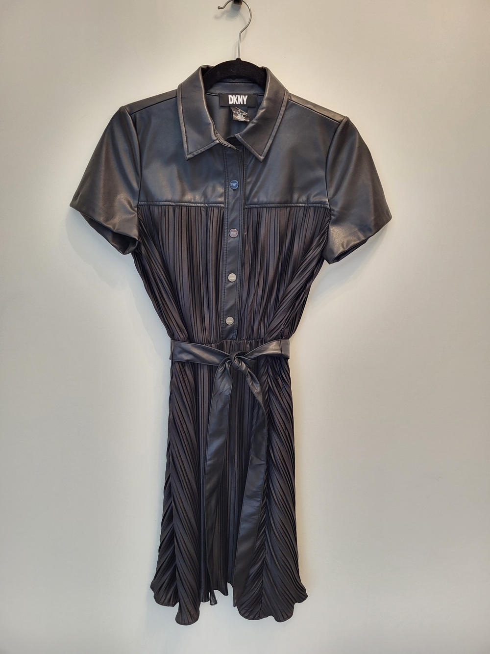 DKNY Black Faux-Leather & Pleated Midi Shirt Dress